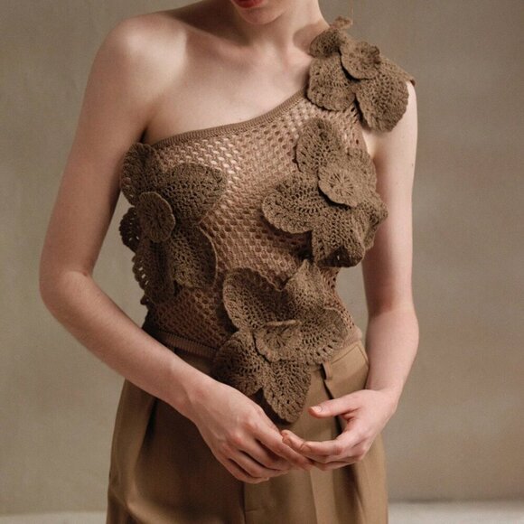 Tops - Khaki Casual Women's Casual Crochet 3d Floral Sleeveless Vest